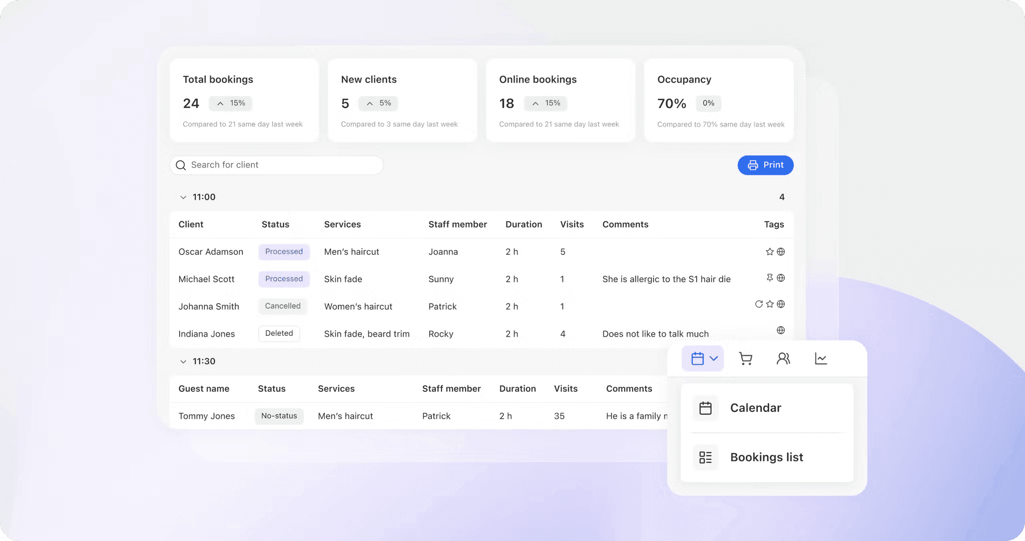 Bookings list view